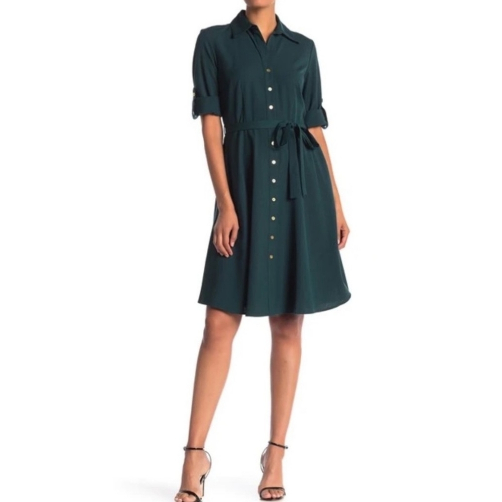 Sharagano Women's Collared Button Down Tie Side Pockets Solid Crepe Dress Sz4